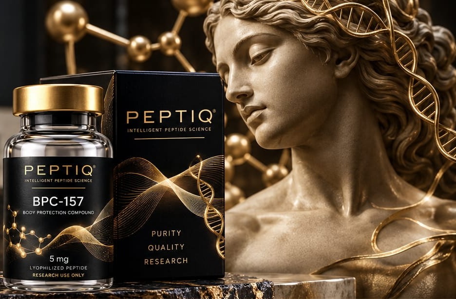 PEPTIQ black-label vial and box beside a gold classical statue